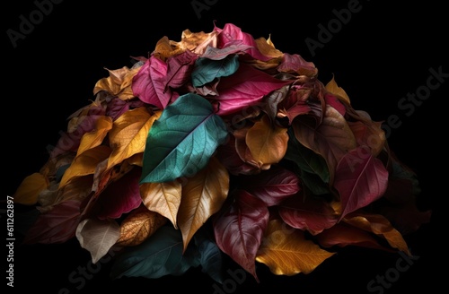 A pile of colorful leaves in the style of naturalistic tones. Generative AI