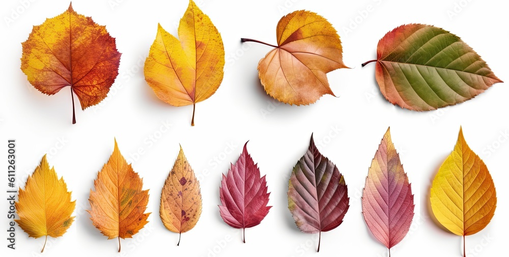 Set of colorful autumn leaves isolated on a white background. Generative AI Set of colorful autumn leaves isolated on a white background. Generative AI