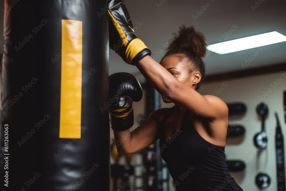 Fototapeta premium Afro American young woman striking punching bag in the gym. Generative Ai
