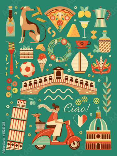Italy Travel Poster with Italian Culture Symbols