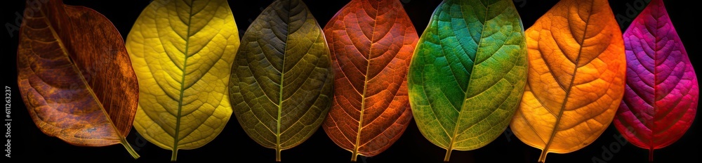Fototapeta premium A layer of colorful leaves arranged in different colors. Generative AI
