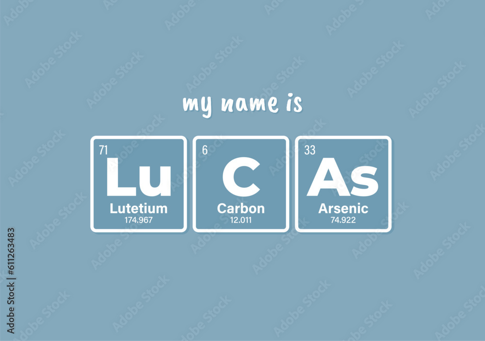 Vector inscription name LUCAS composed of individual elements of the periodic table. Text: My name is. Blue background Vector inscription name LUCAS composed of individual elements of the periodic table. Text: My name is. Blue background