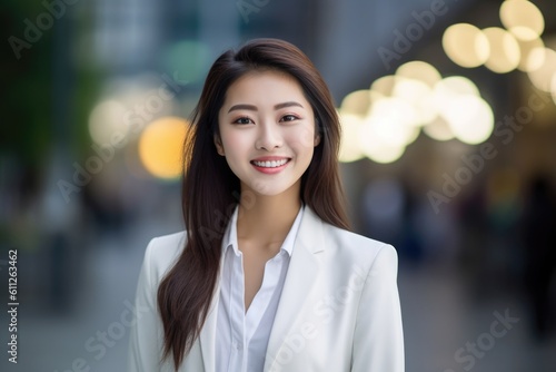 A professional Asian woman shows confidence in her stylish white formal dress as she smiles with confidence.;Generated with AI