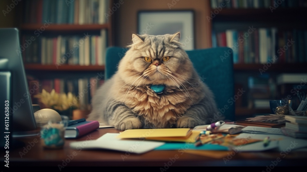 A fat cat is sitting at the office table. Generative Ai