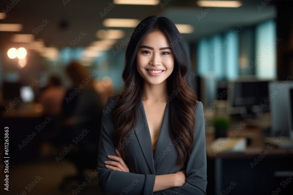 office work girl Pretty and cute smiling Asian model standing in front of the camera and background built up the office environment.;Generated with AI office work girl Pretty and cute smiling Asian model standing in front of the camera and background built up the office environment.;Generated with AI
