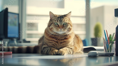 A fat cat is sitting at the office table. Generative Ai