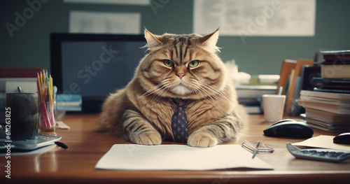 A fat cat is sitting at the office table. Generative Ai