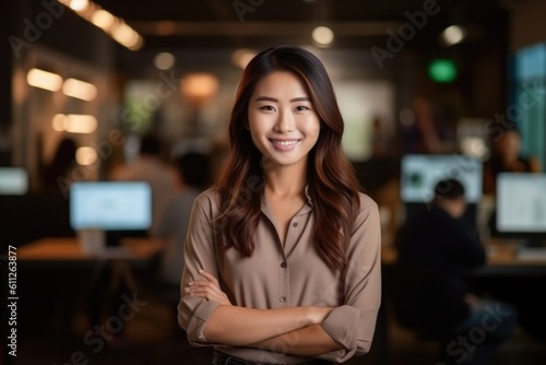 office work girl Pretty and cute smiling Asian model standing in front of the camera and background built up the office environment.;Generated with AI