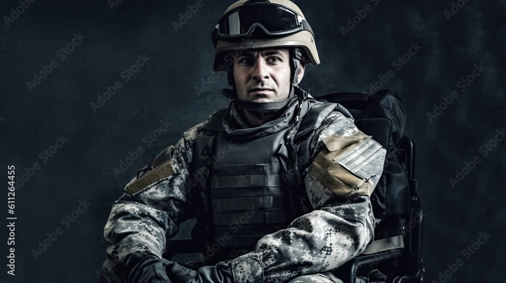 Disabled soldier in a military uniform sit on wheel chair on a dark background. Generative AI. Disabled soldier in a military uniform sit on wheel chair on a dark background. Generative AI.