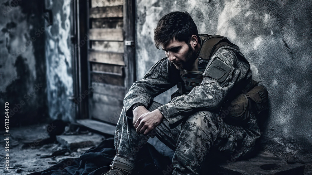 Portrait of a young soldier sitting in an abandoned building in grief due to the loss of a friend. Military pain concept.Generative AI.