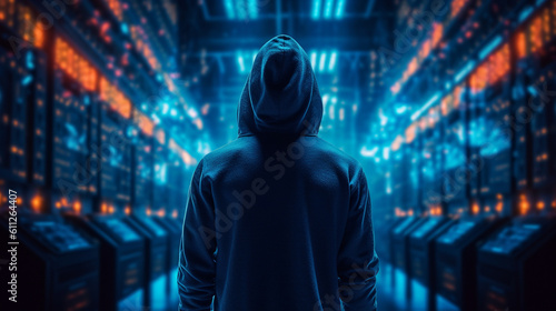 Back view of hacker standing among illuminated servers. Generative Ai