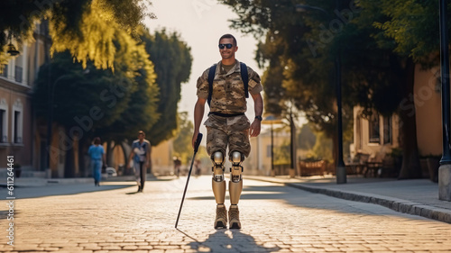 Blind disabled soldier with prosthesis walking with walk stick in the city. Generative AI.