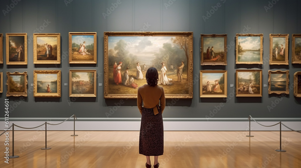 Back view of woman in Art Gallery Appreciating Artwork. Generative Ai - obrazy, fototapety, plakaty 