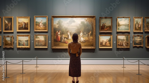 Back view of woman in Art Gallery Appreciating Artwork. Generative Ai