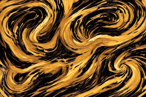 abstract gold color paint swirls in black background 