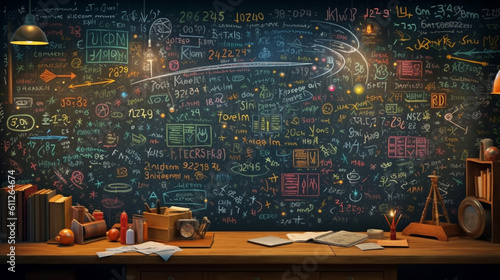 Blackboard inscribed with scientific formulas and calculations in physics and mathematics. Generative Ai