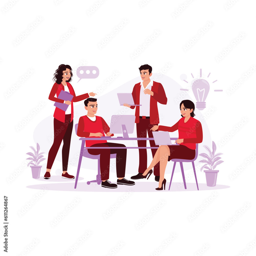 businessman having a meeting with his colleagues in the office. businessman is presenting his work to the work team. flat vector modern illustration 