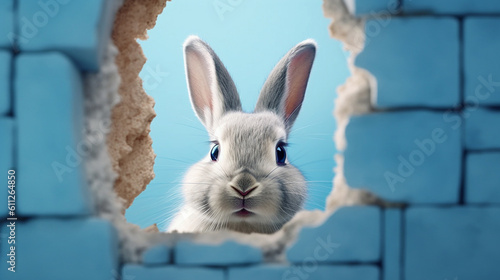 Bunny peeking out of a hole in blue wall. Generative Ai