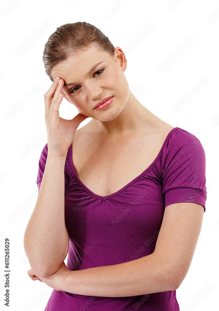 Girl with headache, pain and stress with brain fog, teenager problem or health emergency isolated on transparent png background. Young female teen with adolescent crisis, medical issue or anxiety Girl with headache, pain and stress with brain fog, teenager problem or health emergency isolated on transparent png background. Young female teen with adolescent crisis, medical issue or anxiety