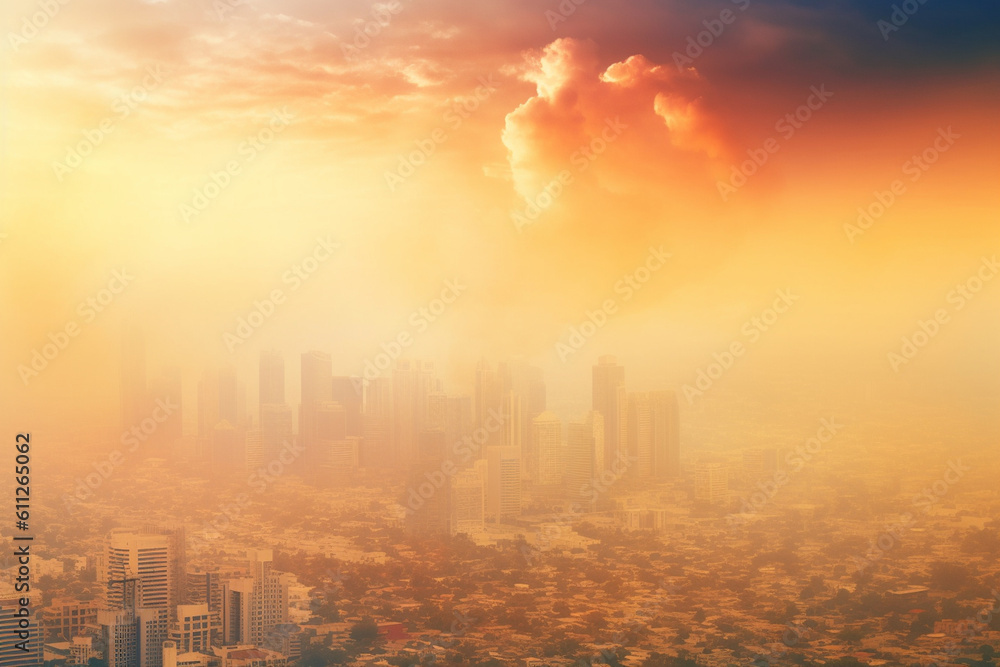 Smog-filled city skyline, Climate change and environmental degradation, climate change, pollution, bokeh Generative AI