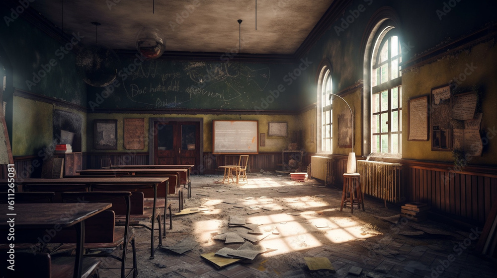 Classroom in an abandoned school. Generative Ai