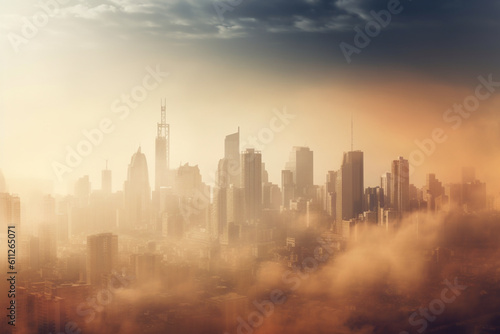 Smog-filled city skyline  Climate change and environmental degradation  climate change  pollution  bokeh Generative AI