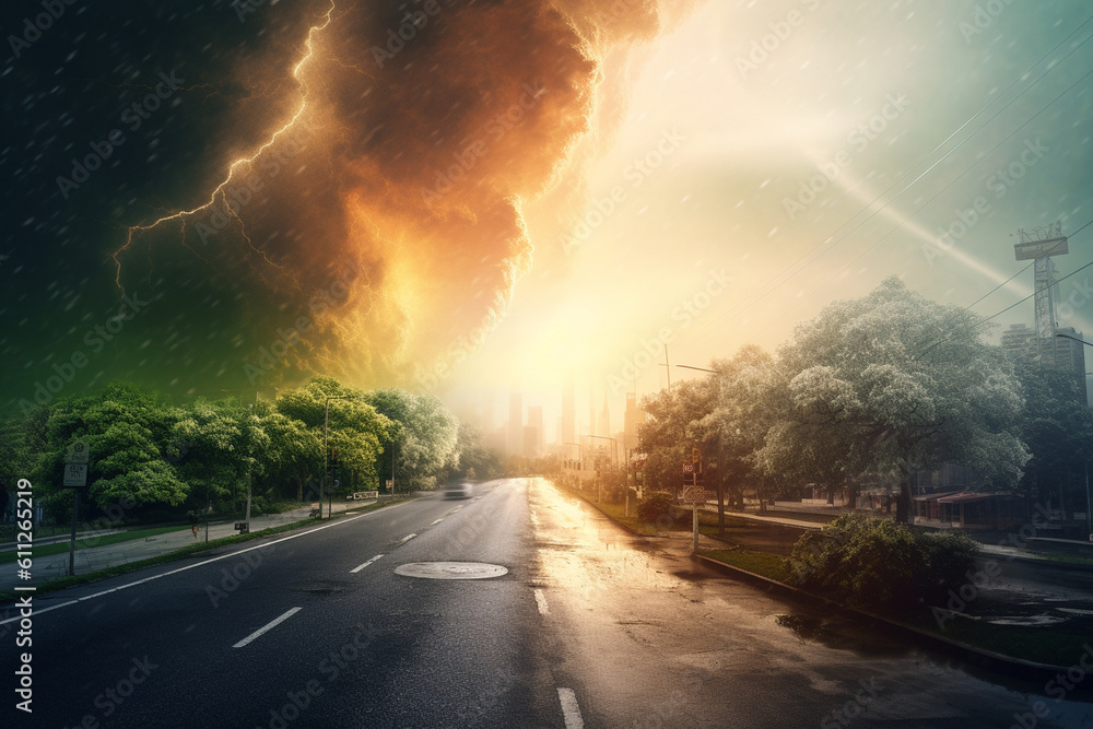 Extreme weather event, such as a hurricane or tornado, Climate change and environmental degradation, climate change, pollution, bokeh Generative AI
