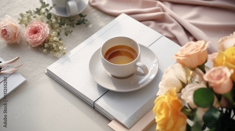 Coloring book mockup, chic feminine white modern desk with coffee and staples, with roses in a vase - generative AI Coloring book mockup, chic feminine white modern desk with coffee and staples, with roses in a vase - generative AI