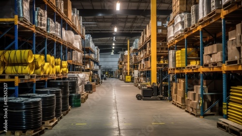 Stock photo of warehouse room with stuff tools equipment on the factory, without text - generative AI