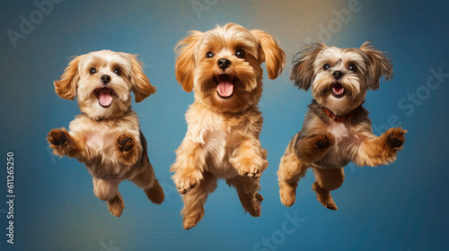 Jumping Joy: 3 Cute Shih Tzu Dogs Catching Treats on Isolated Background. Generative AI