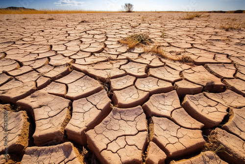 Dry cracked ground due to drought, Climate change and environmental degradation, climate change, pollution Generative AI