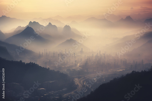 Smog-covered mountains in the distance, Climate change and environmental degradation, climate change, pollution, bokeh Generative AI
