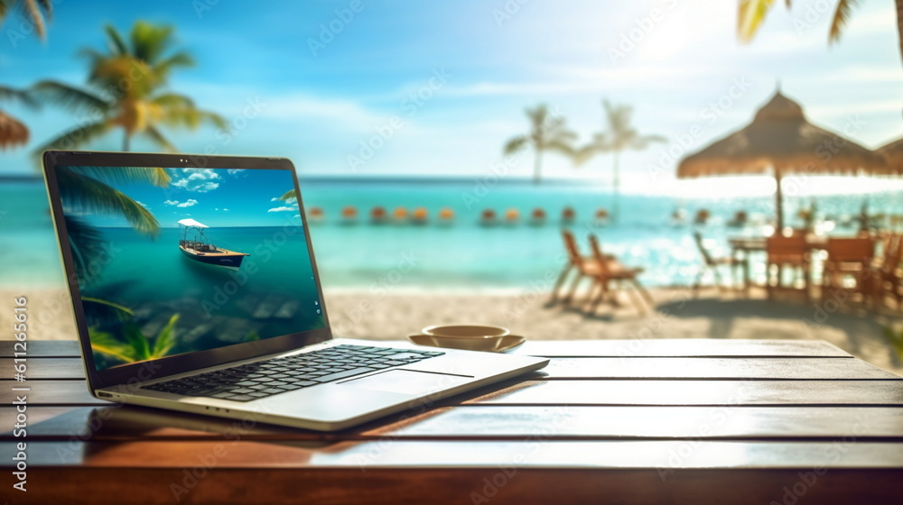 laptop on wooden table on the beach tropical sea vacation resort internet connection pc online job ,generated ai laptop on wooden table on the beach tropical sea vacation resort internet connection pc online job ,generated ai