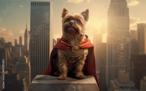 Superhero Brussels Griffon on Skyscraper Edge. Generative AI