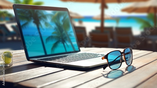 laptop on wooden table on the beach tropical sea vacation resort internet connection pc online job ,generated ai