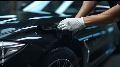 Male hand cleaning black car with microfiber cloth. Generative Ai © andranik123