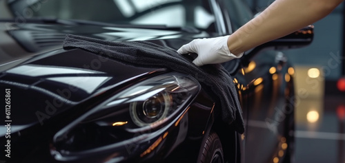 Male hand cleaning black car with microfiber cloth. Generative Ai © andranik123