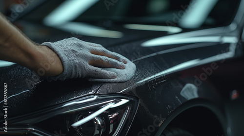 Male hand cleaning black car with microfiber cloth. Generative Ai