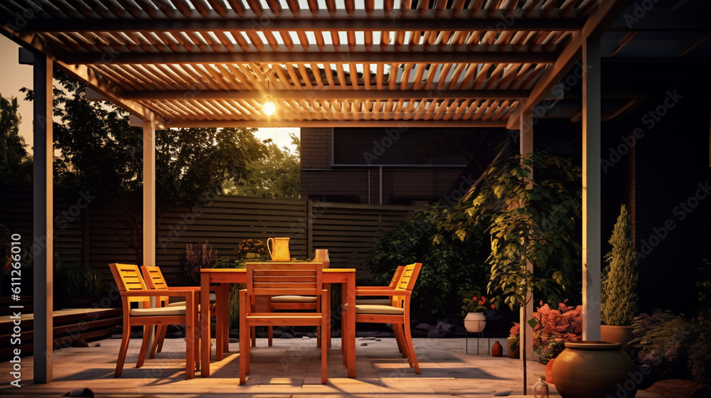 Modern patio furniture with a a dining table, seats. Generative Ai Modern patio furniture with a a dining table, seats. Generative Ai