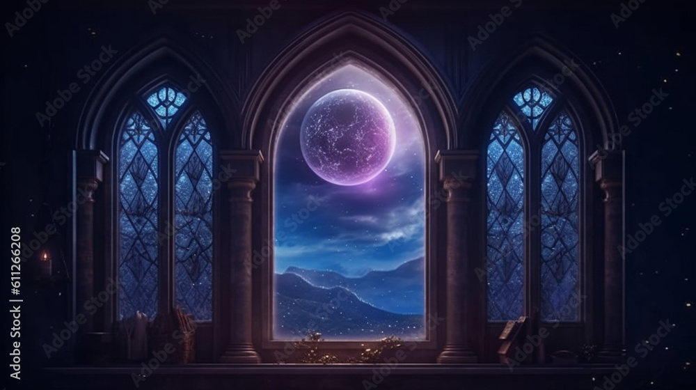 Mystical window with moon in night sky. Generative Ai Mystical window with moon in night sky. Generative Ai