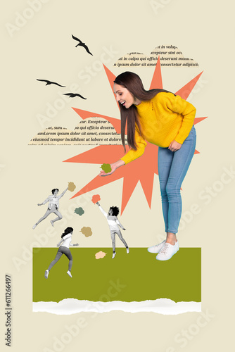 Wallpaper Mural Vertical collage image of big girl arm hold give mini black white colors people dialogue mind cloud bubble book text flying birds Torontodigital.ca