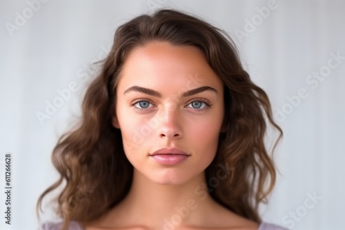 Portrait of beautiful american european woman with her smooth skin looking at camera on white background in studio light;Generated with AI