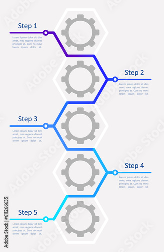 Mechanical engineering infographic chart design template. Gear mechanisms. Abstract infochart with copy space. Instructional graphics with 5 step sequence. Visual data presentation. Calibri font used