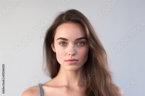Portrait of beautiful american european woman with her smooth skin looking at camera on white background in studio light;Generated with AI