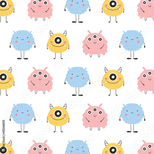Childish seamless pattern with cute monster. Vector illustration. Kids print in Scandinavian style. Flat style.