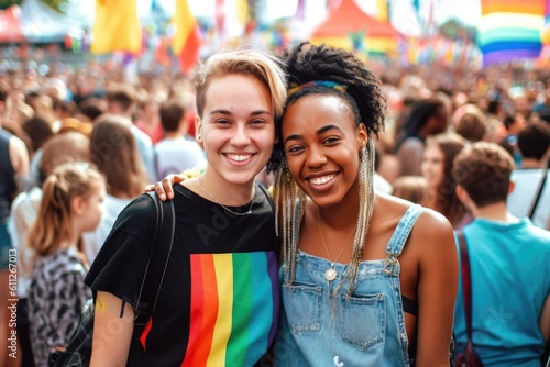 happy young women embracing holding LGBTQ flag. AI Generative © dark_blade
