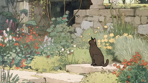 Lofi cat in a flower garden, anime manga style illustration