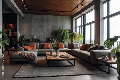 Details of a Plush Leather Couch Set in a Modern Loft Living Room