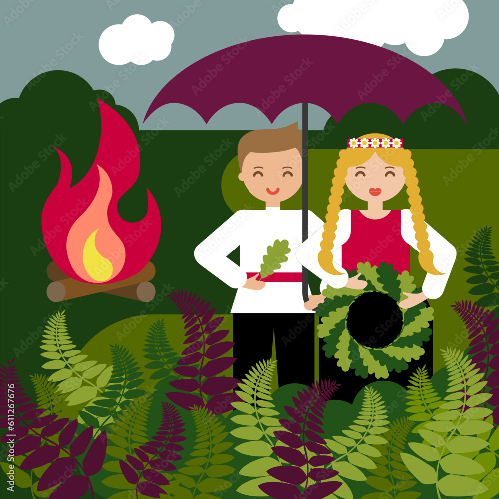 Midsummer celebrating, girl and boy with umbrella, summer solstice day, ligo - latvian national summer event, people in traditional costumes in nature. Vector EPS