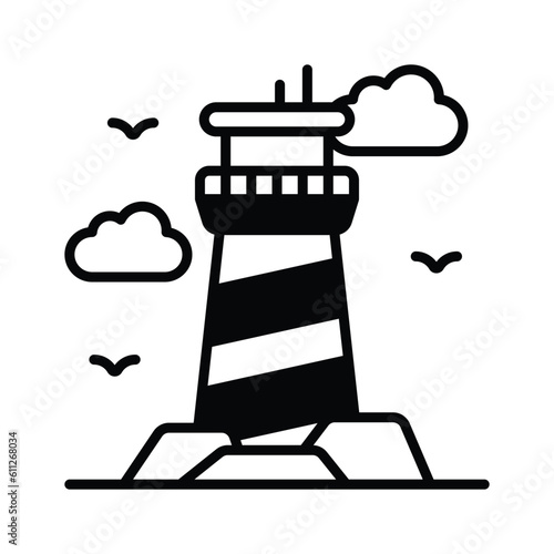 A tower containing a beacon light to warn or guide ships at sea, well designed icon of lighthouse